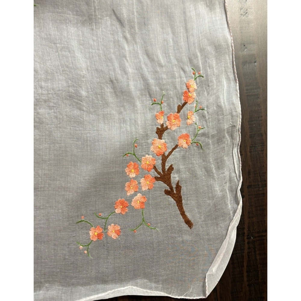 Embroidered Cherry Blossom Sheer Tablecloth Dresser Scarf Tree Handmade Vintage - Picture 2 of 8